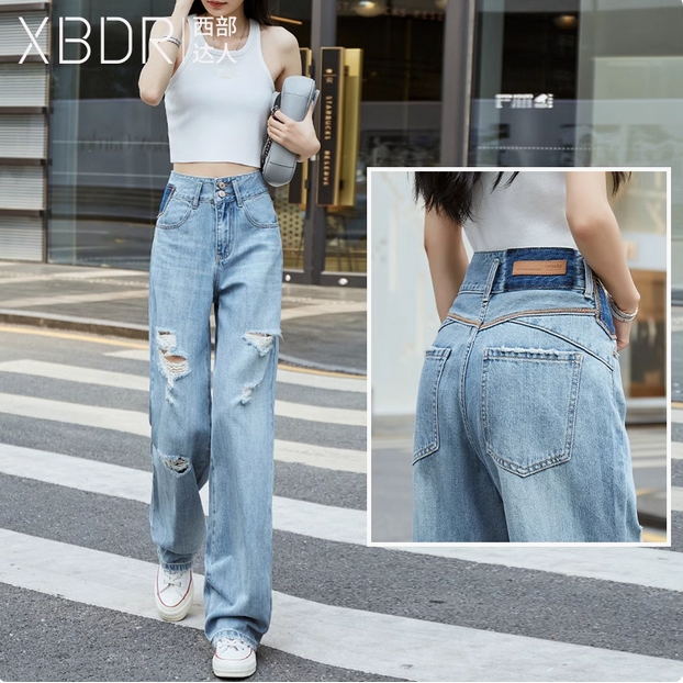 浅蓝撞色高腰直筒破洞牛仔裤女宽松阔腿2025春装款提臀设计感拖地